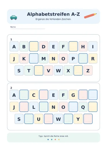 Alphabetstreifen A–Z mit zwei Übungen zum Ergänzen fehlender Buchstaben
