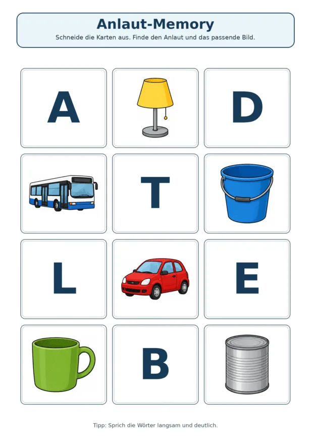 Anlaut-Memory mit zwölf Ausschneidekarten zu A, B, D, E, L und T sowie passenden Alltagsgegenständen.