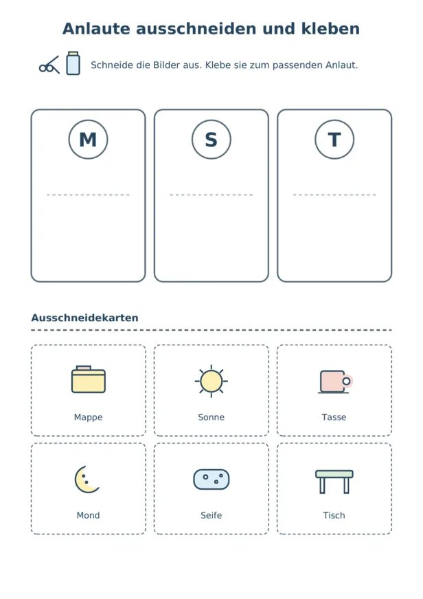Arbeitsblatt mit den Anlauten M, S und T sowie sechs Ausschneidekarten mit Mappe, Mond, Sonne, Seife, Tasse und Tisch.