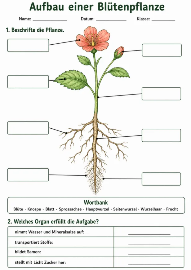 Arbeitsblatt zum Aufbau einer Blütenpflanze mit Wurzel, Sprossachse, Blatt und Blüte
