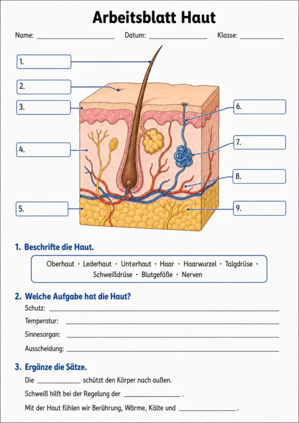 Arbeitsblatt zur Haut mit Hautschichten und Beschriftungsaufgabe