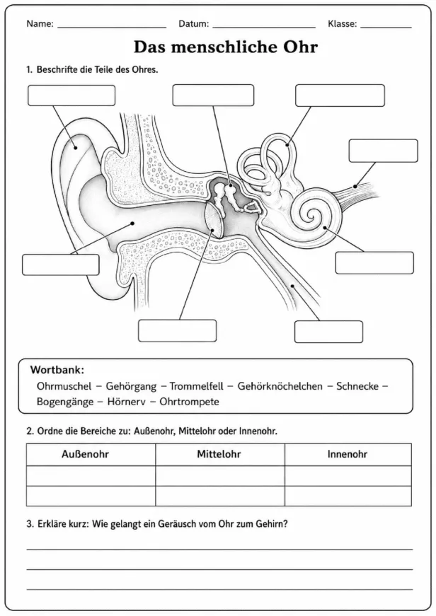 Kostenloses Arbeitsblatt zum Thema Ohr zum Ausdrucken