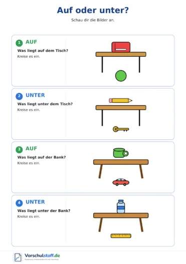 Arbeitsblatt mit vier Aufgaben, bei denen Kinder erkennen, welcher Gegenstand auf oder unter einem Tisch oder einer Bank liegt.