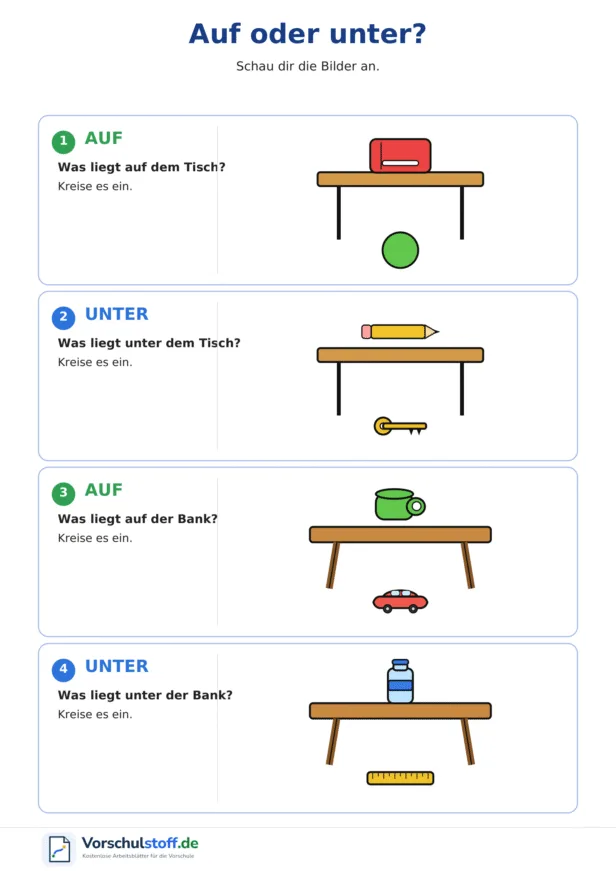 Arbeitsblatt mit vier Aufgaben, bei denen Kinder erkennen, welcher Gegenstand auf oder unter einem Tisch oder einer Bank liegt.