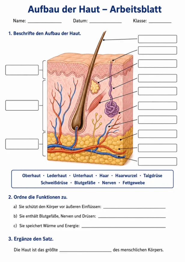 Aufbau der Haut – Arbeitsblatt mit Hautschichten und Beschriftungsaufgabe