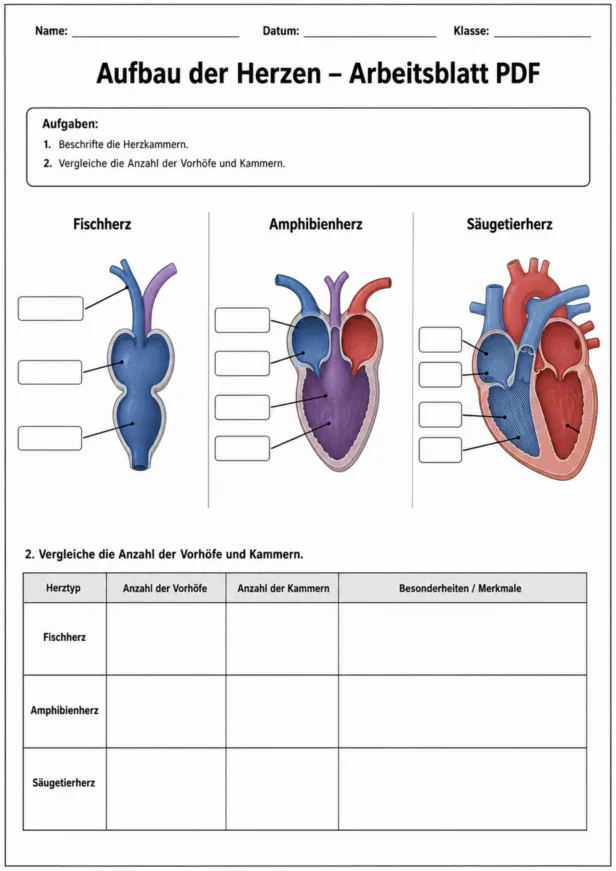Arbeitsblatt zum Aufbau des Herzens als PDF