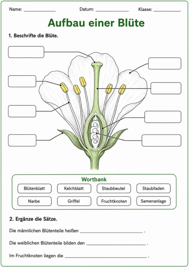 Aufbau einer Blüte Arbeitsblatt mit Beschriftungsaufgaben zu den Blütenteilen