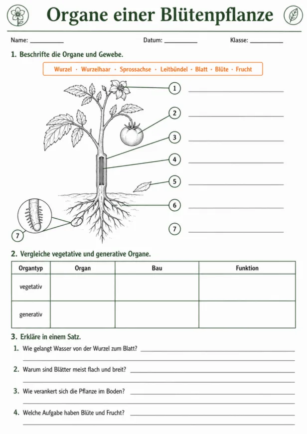 Aufbau einer Blütenpflanze Arbeitsblatt 5. Klasse zu vegetativen und generativen Organen