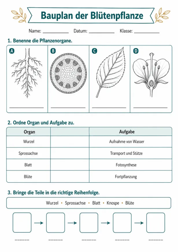 Aufbau einer Blütenpflanze Arbeitsblatt zum Beschriften vegetativer und generativer Organe