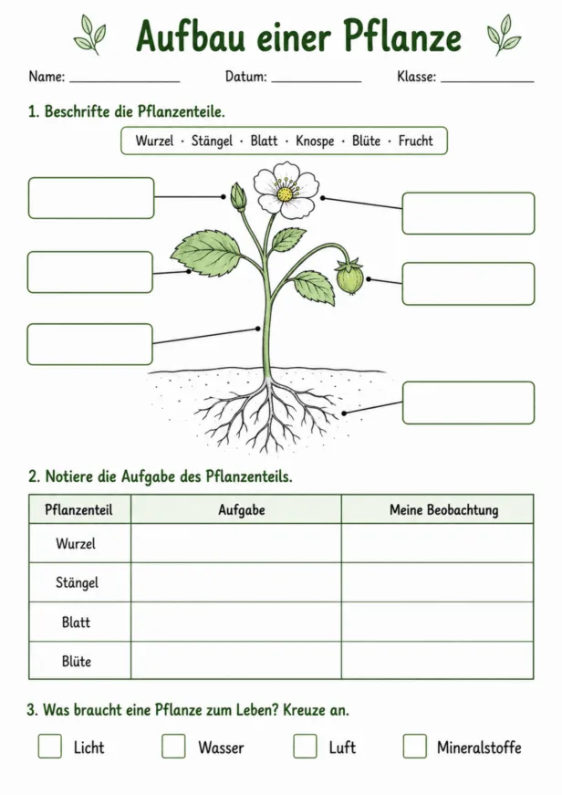 Aufbau einer Pflanze Arbeitsblatt mit Übungen zu Wurzel, Stängel, Blatt und Blüte
