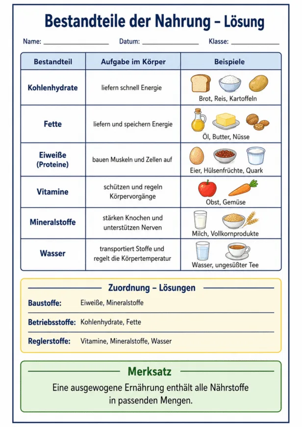 Bestandteile der Nahrung Arbeitsblatt mit Lösung zu Nährstoffen und ihren Funktionen