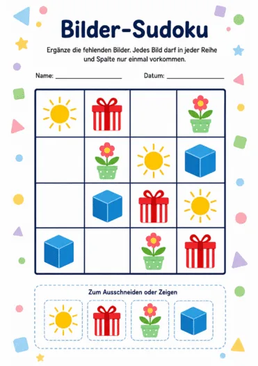 Bilder-Sudoku mit Sonne, Geschenk, Blume und Würfel zum Ergänzen eines 4×4-Rasters.