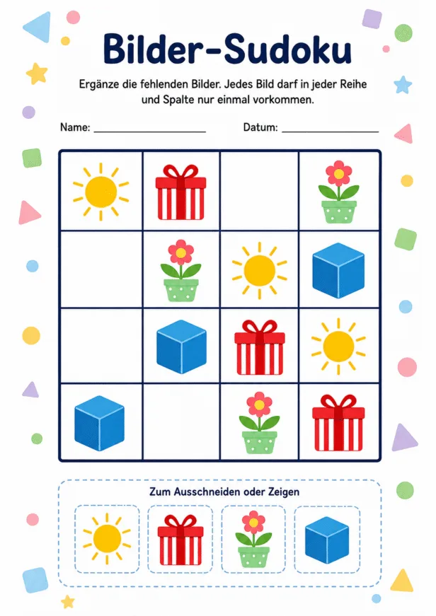 Bilder-Sudoku Vorschule Arbeitsblatt mit Bildern für Logik und Rätsel