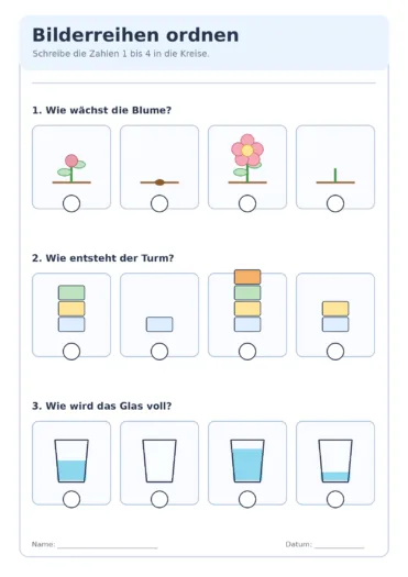 Bilderreihen ordnen: Wachstum einer Blume, Turmbau und Füllstand eines Glases mit Zahlen 1 bis 4.