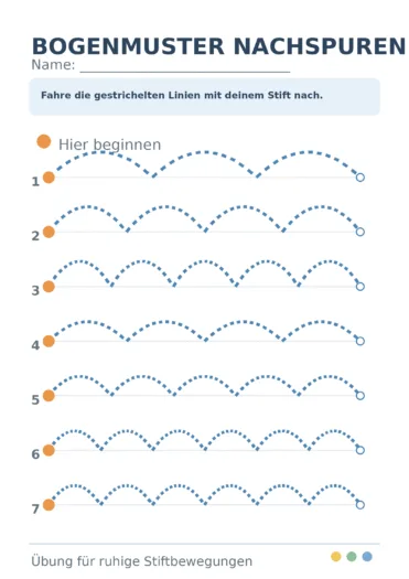 Kindgerechte Übung mit sieben Reihen gestrichelter Bogenmuster zum Nachspuren.