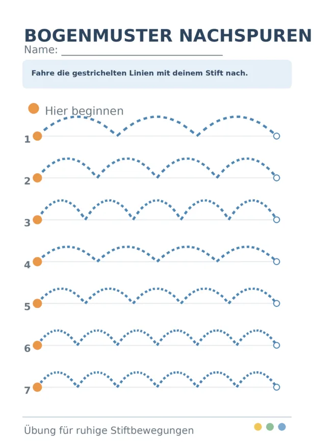 Kindgerechte Übung mit sieben Reihen gestrichelter Bogenmuster zum Nachspuren.