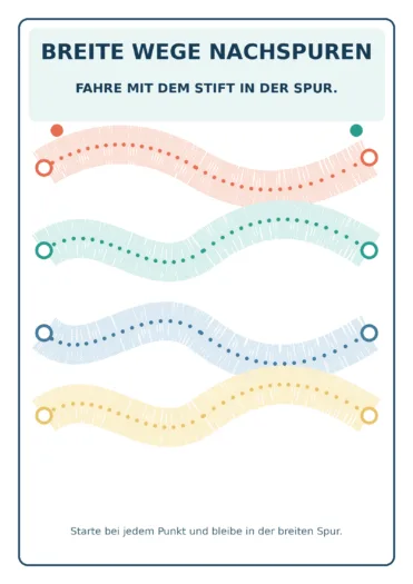 Vier breite, geschwungene Wege mit gepunkteten Mittellinien zum Nachspuren.