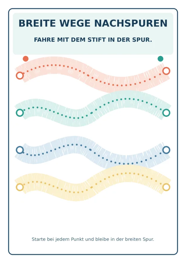 Vier breite, geschwungene Wege mit gepunkteten Mittellinien zum Nachspuren.