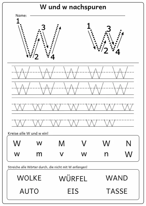 W und w nachspuren, einkreisen und Anfangswörter wie Wolke unterscheiden