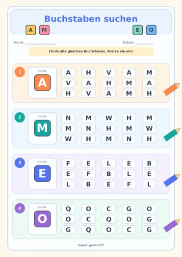 Vier Buchstaben-Suchfelder, in denen A, M, E und O mehrfach gefunden und eingekreist werden