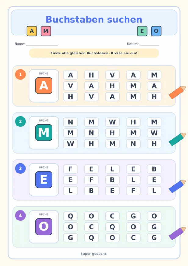 Vier Buchstaben-Suchfelder, in denen A, M, E und O mehrfach gefunden und eingekreist werden