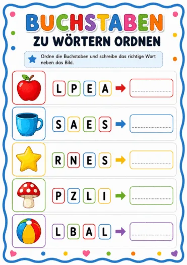 Kinder ordnen gemischte Buchstaben zu fünf einfachen Bildwörtern und schreiben die richtigen Wörter auf die Linien.