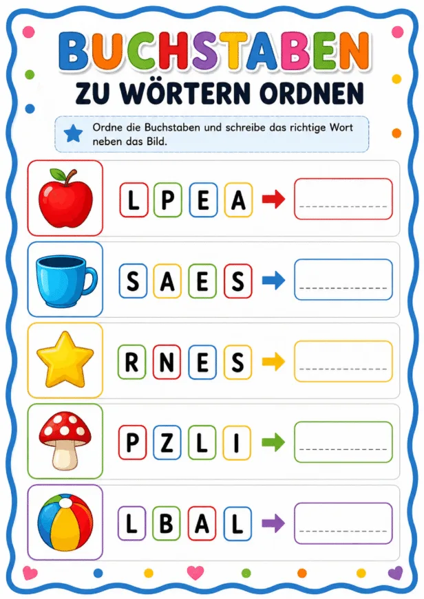 Kinder ordnen gemischte Buchstaben zu fünf einfachen Bildwörtern und schreiben die richtigen Wörter auf die Linien.