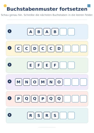 Sechs Buchstabenmuster mit großen Buchstaben und leeren Feldern zum Fortsetzen.