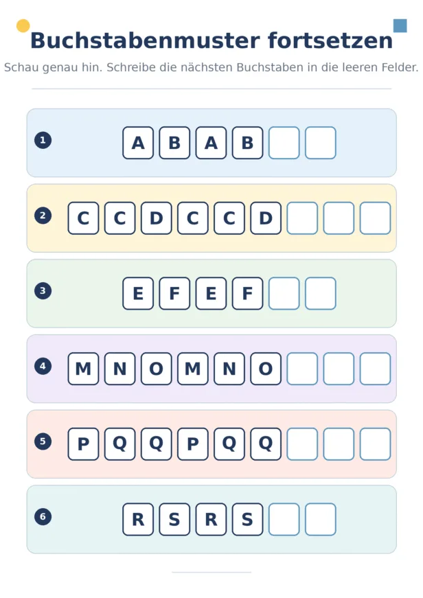 Sechs Buchstabenmuster mit großen Buchstaben und leeren Feldern zum Fortsetzen.
