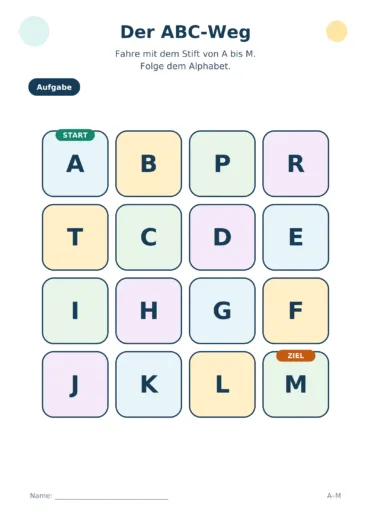 Der ABC-Weg mit einem Buchstabenraster, in dem Kinder den Weg von A bis M in alphabetischer Reihenfolge nachfahren.