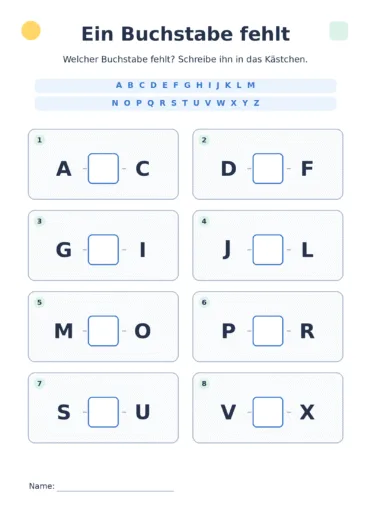 Arbeitsblatt mit acht kurzen Alphabetreihen, in denen jeweils der mittlere Großbuchstabe fehlt.