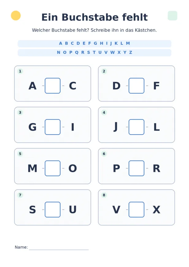 Arbeitsblatt mit acht kurzen Alphabetreihen, in denen jeweils der mittlere Großbuchstabe fehlt.