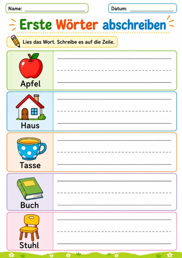 Arbeitsblatt „Erste Wörter abschreiben“ mit fünf Bildkarten und Schreiblinien zum Abschreiben einfacher deutscher Wörter für Kinder im Vorschulalter.