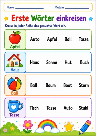 Kinder kreisen vier erste deutsche Wörter anhand passender Bilder auf einem farbenfrohen Arbeitsblatt ein.