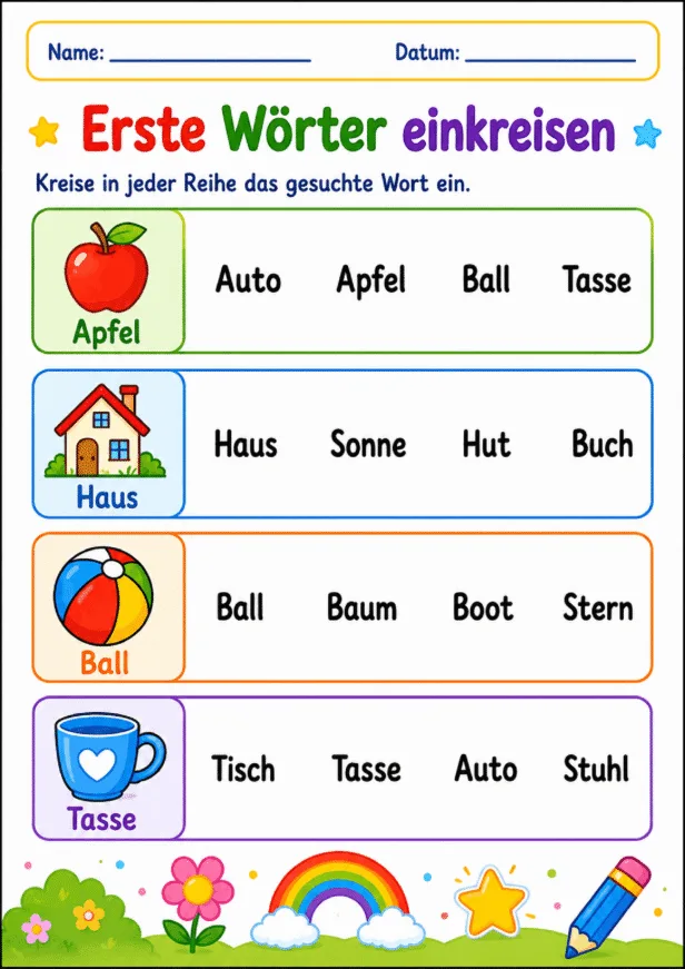 Kinder kreisen vier erste deutsche Wörter anhand passender Bilder auf einem farbenfrohen Arbeitsblatt ein.