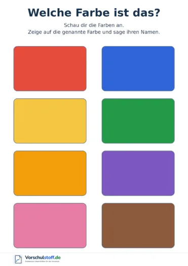 Arbeitsblatt mit acht großen Farbfeldern zum Erkennen und Benennen von Rot, Blau, Gelb, Grün, Orange, Lila, Rosa und Braun.