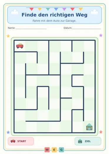 Auto-Labyrinth: den richtigen Weg vom Auto bis zur Garage finden.