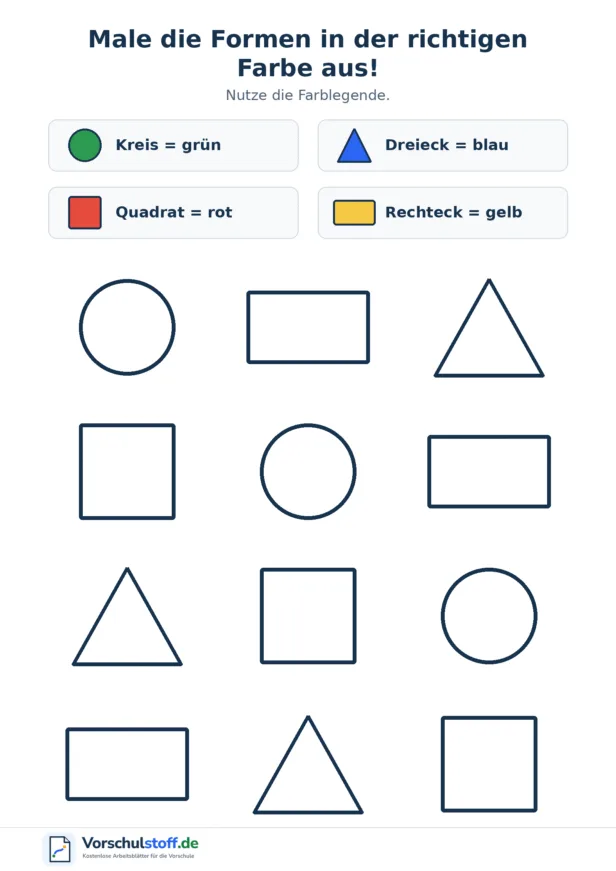 Arbeitsblatt mit Kreis, Dreieck, Quadrat und Rechteck, die nach einer Farblegende ausgemalt werden.
