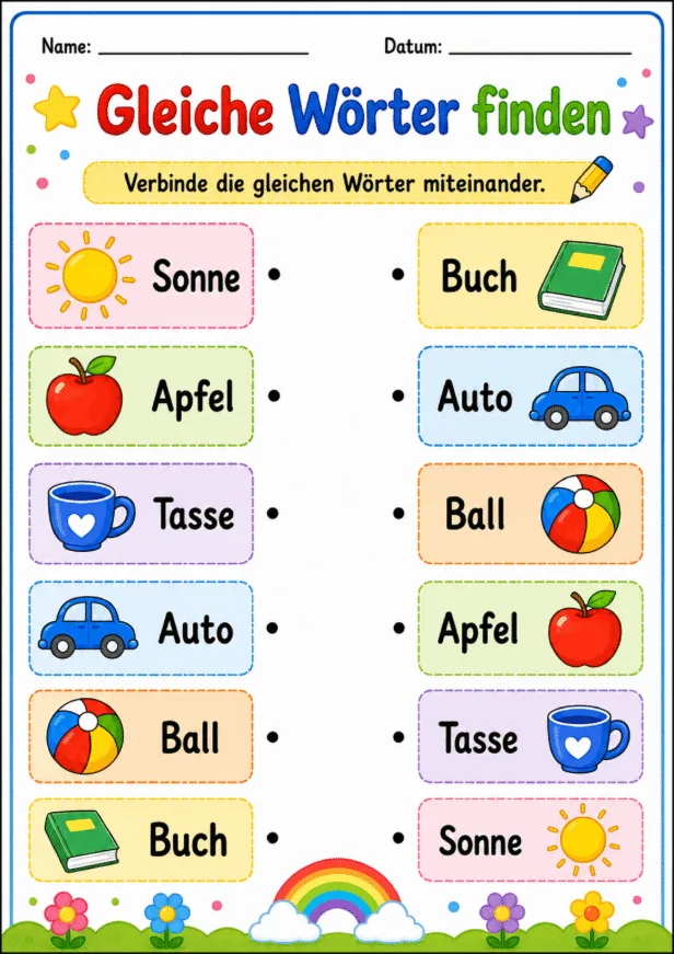 Kinder verbinden sechs gleiche deutsche Wörter zwischen zwei Spalten auf einem farbenfrohen Vorschul-Arbeitsblatt.