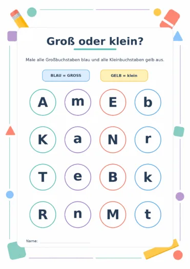 Arbeitsblatt zum Unterscheiden und Ausmalen von Groß- und Kleinbuchstaben