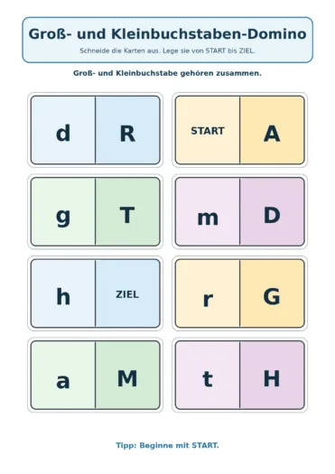 Arbeitsblatt mit acht Dominokarten zum Zuordnen von Groß- und Kleinbuchstaben in einer Kette von START bis ZIEL.