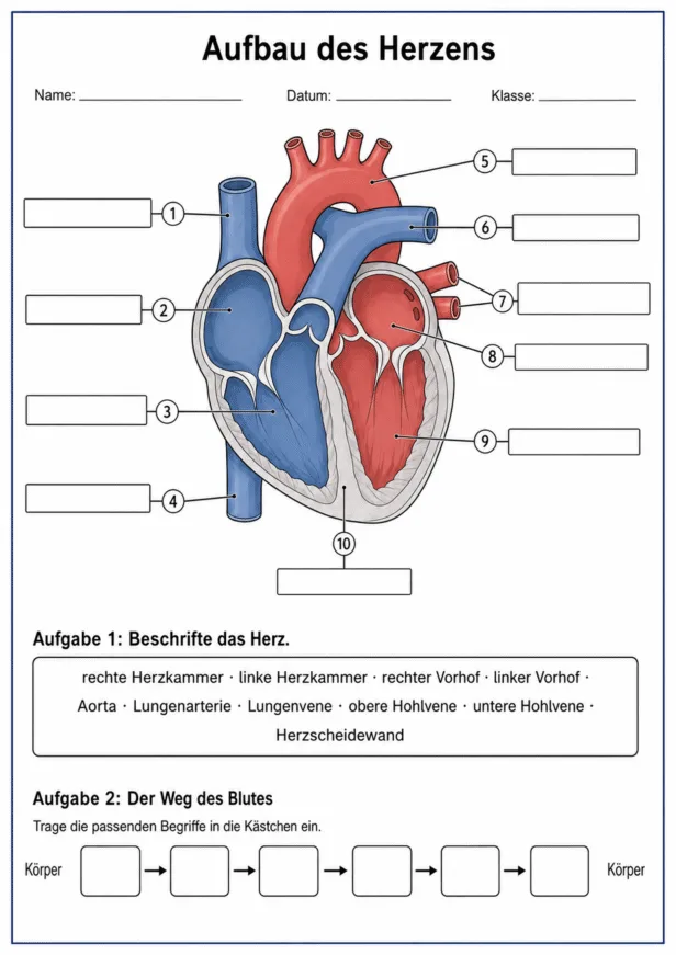 Herz-Aufbau-Arbeitsblatt als PDF