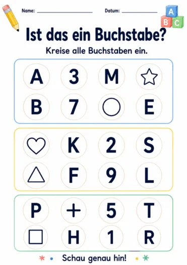 Buchstaben, Zahlen und geometrische Formen unterscheiden und alle Großbuchstaben in drei Feldern einkreisen