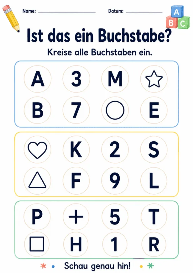 Buchstaben, Zahlen und geometrische Formen unterscheiden und alle Großbuchstaben in drei Feldern einkreisen