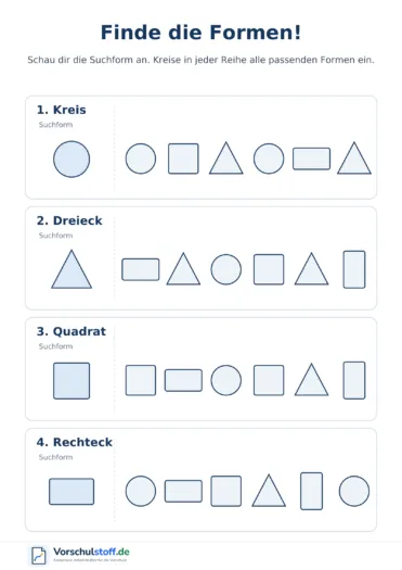 Arbeitsblatt mit vier Suchreihen, in denen Kinder Kreise, Dreiecke, Quadrate und Rechtecke erkennen und einkreisen.