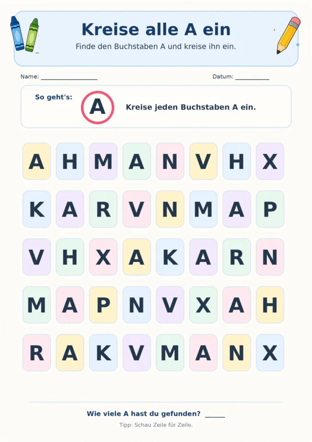 Großbuchstabenraster zum Einkreisen und anschließenden Zählen aller Buchstaben A