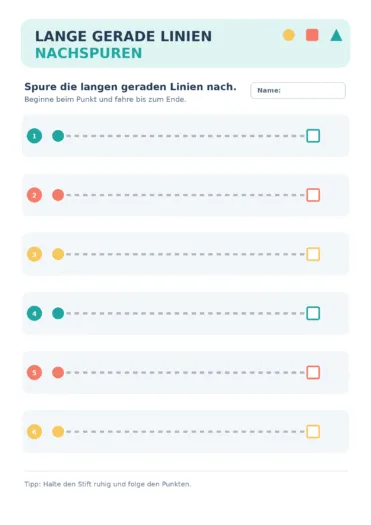 Sechs lange gepunktete gerade Linien mit Startpunkt und Endmarkierung zum Nachspuren.