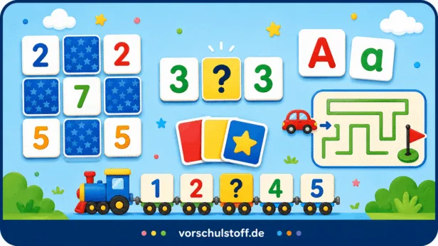 Kostenlose Lernspiele für Vorschulkinder mit Zahlen-Memory, Buchstaben, Zahlenzug und Labyrinth