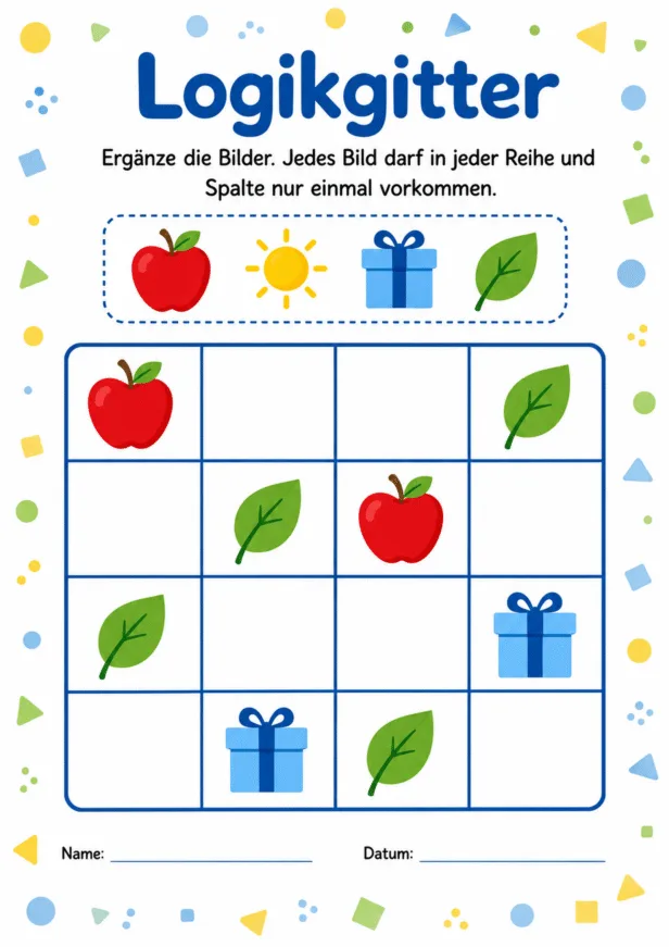 Logikgitter Vorschule Arbeitsblatt mit einfachem Bilderrätsel und Sudoku