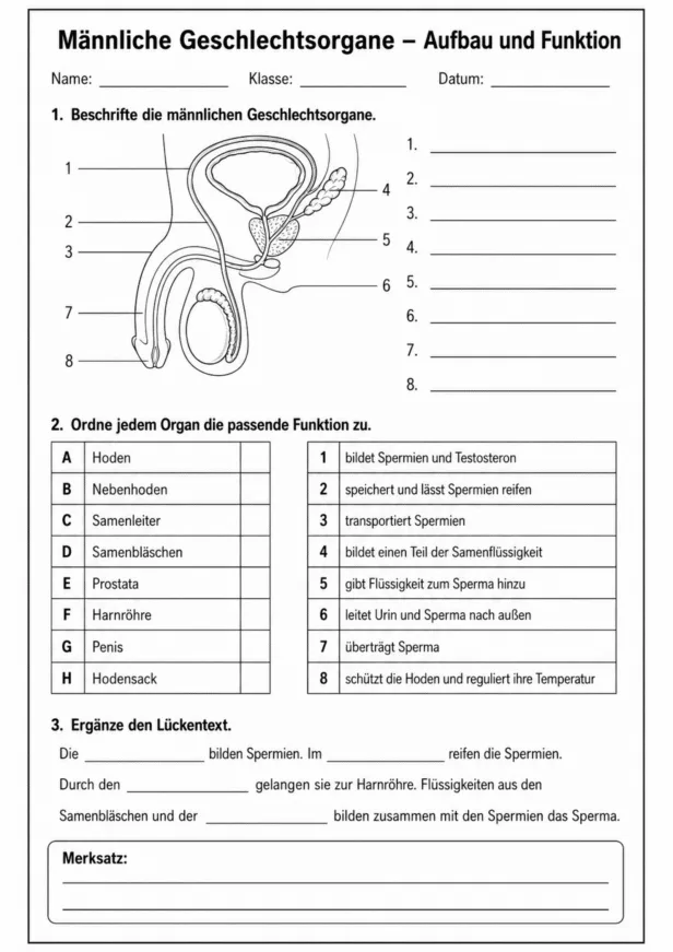 Männliche Geschlechtsorgane Funktion Arbeitsblatt zum Beschriften und Zuordnen